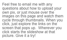 Feel free to email me with any questions about how to upload your own pix, or just mouse over the images on this page and watch them cycle through thumbnails. When you click, just explore the links on the screen that pops up.  Wherever you click starts the slideshow at that picture. Give it a try!